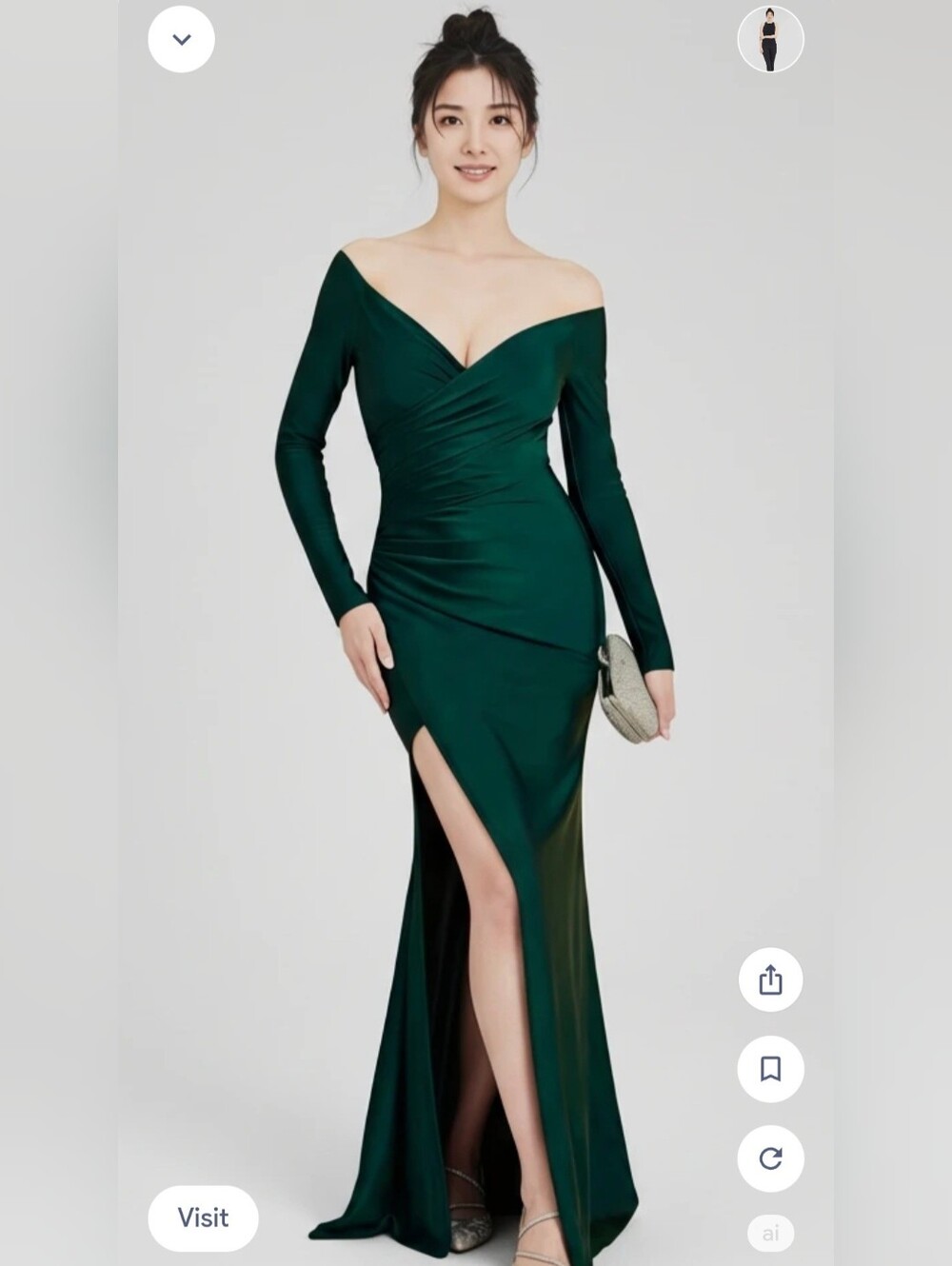 J.OUR Dress Show Shoulder Emerald Green Evening Gown Long Sleeves Size M